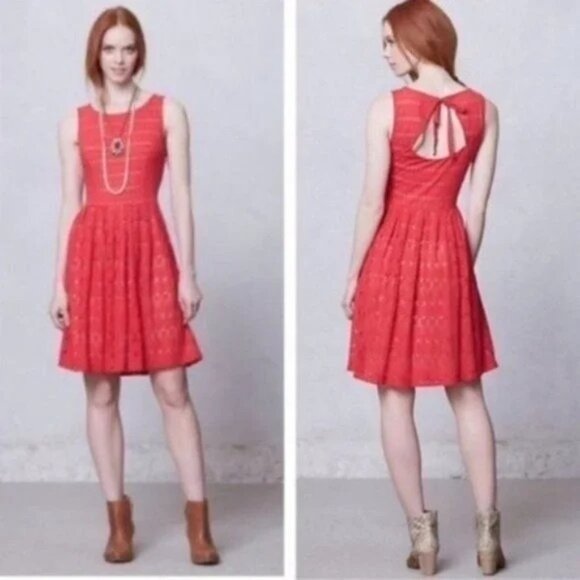 Anthropologie Postmark Dress Sunstream Eyelet Red Boho Prairie Cutout - Picture 1 of 14